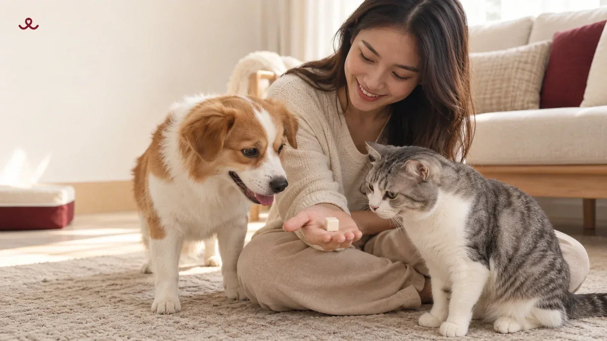 Pet owner gradually introducing a probiotic yogurt cube to a dog and cat