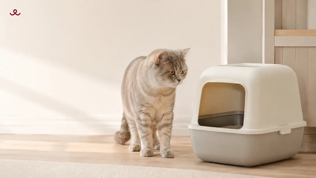 A British Shorthair cat looking at a clean litter box in a warm home, representing cat diarrhea and changes in stool.