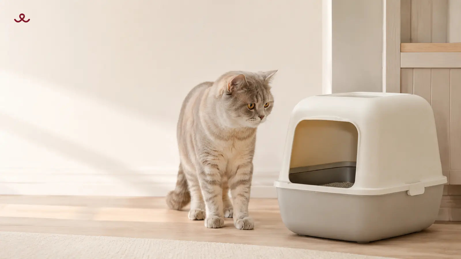A British Shorthair cat looking at a clean litter box in a warm home, representing cat diarrhea and changes in stool.