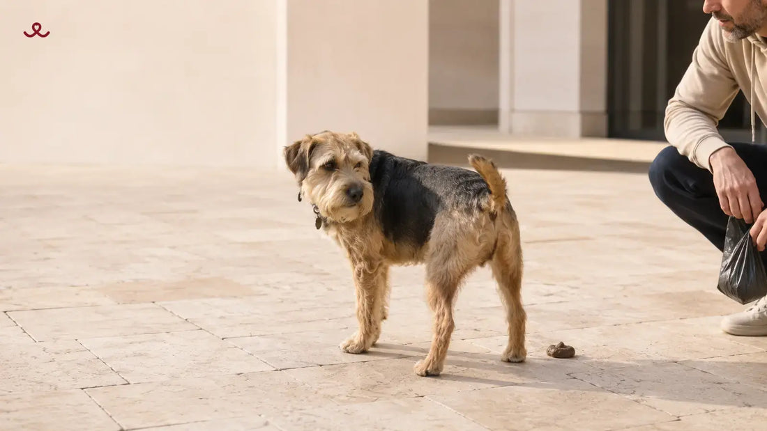 Dog owner checking soft but formed dog poop during a walk