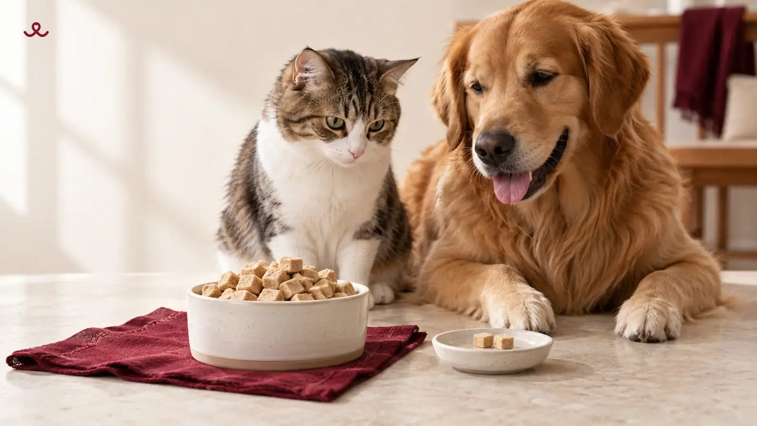 Cat and dog comparing a full bowl of freeze-dried pet food with a small treat portion