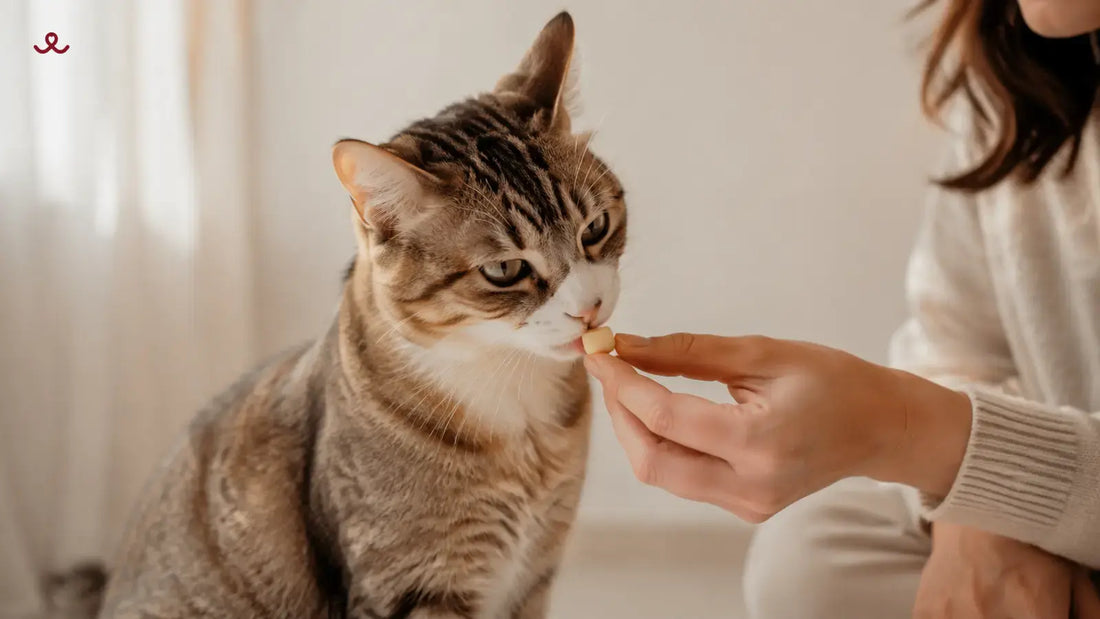 Cat eating a RoyalHugge Triple-Biotics Yogurt Cube from its owner