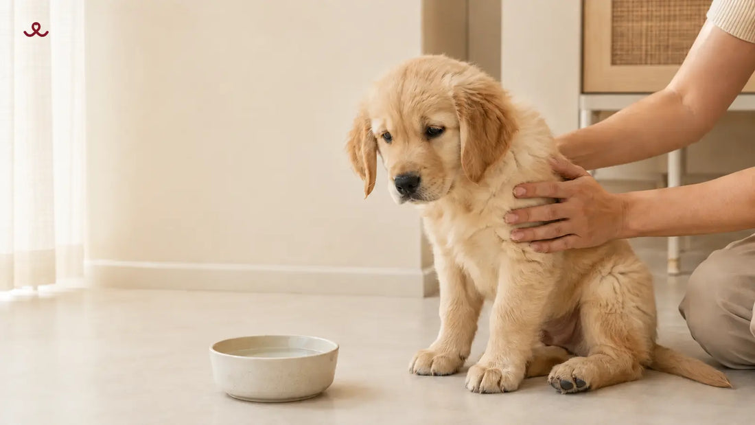 Young puppy experiencing diarrhea while being comforted by its owner at home