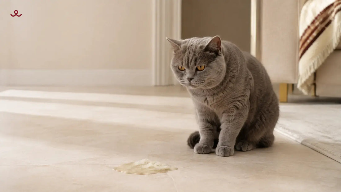 Grey British Shorthair cat sitting beside vomit on a beige floor, illustrating common causes of cat vomiting.