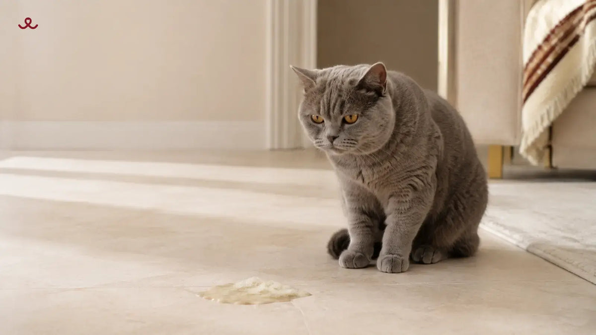 Grey British Shorthair cat sitting beside vomit on a beige floor, illustrating common causes of cat vomiting.