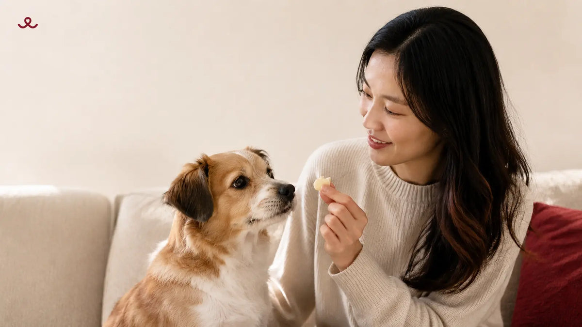 Dog receiving a freeze-dried yogurt cube from its owner