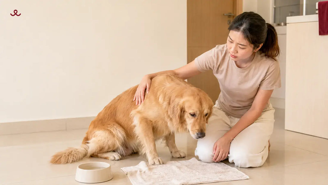 Concerned pet owner comforting a golden retriever showing signs of nausea at home