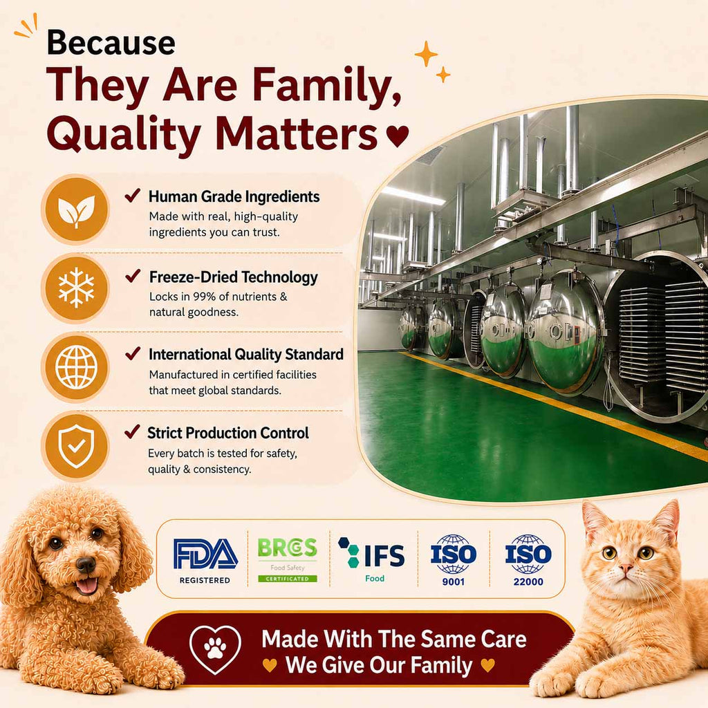 RoyalHugge human-grade freeze-dried production and international quality standards