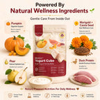 RoyalHugge Biotics+ Yogurt Cube ingredients with duck, pumpkin, pear, marigold and cassia seed