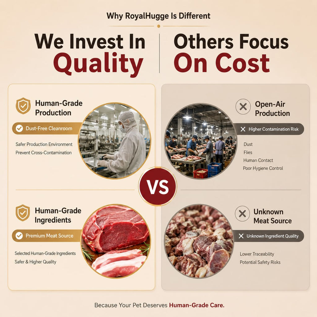 RoyalHugge human-grade production and premium meat ingredient quality comparison