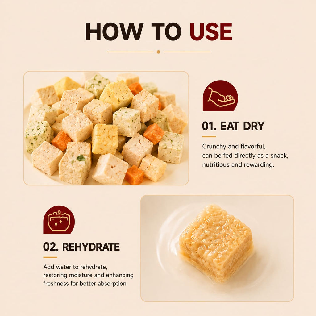 RoyalHugge Freeze-Dried Cubes feeding guide for dry feeding or rehydrating