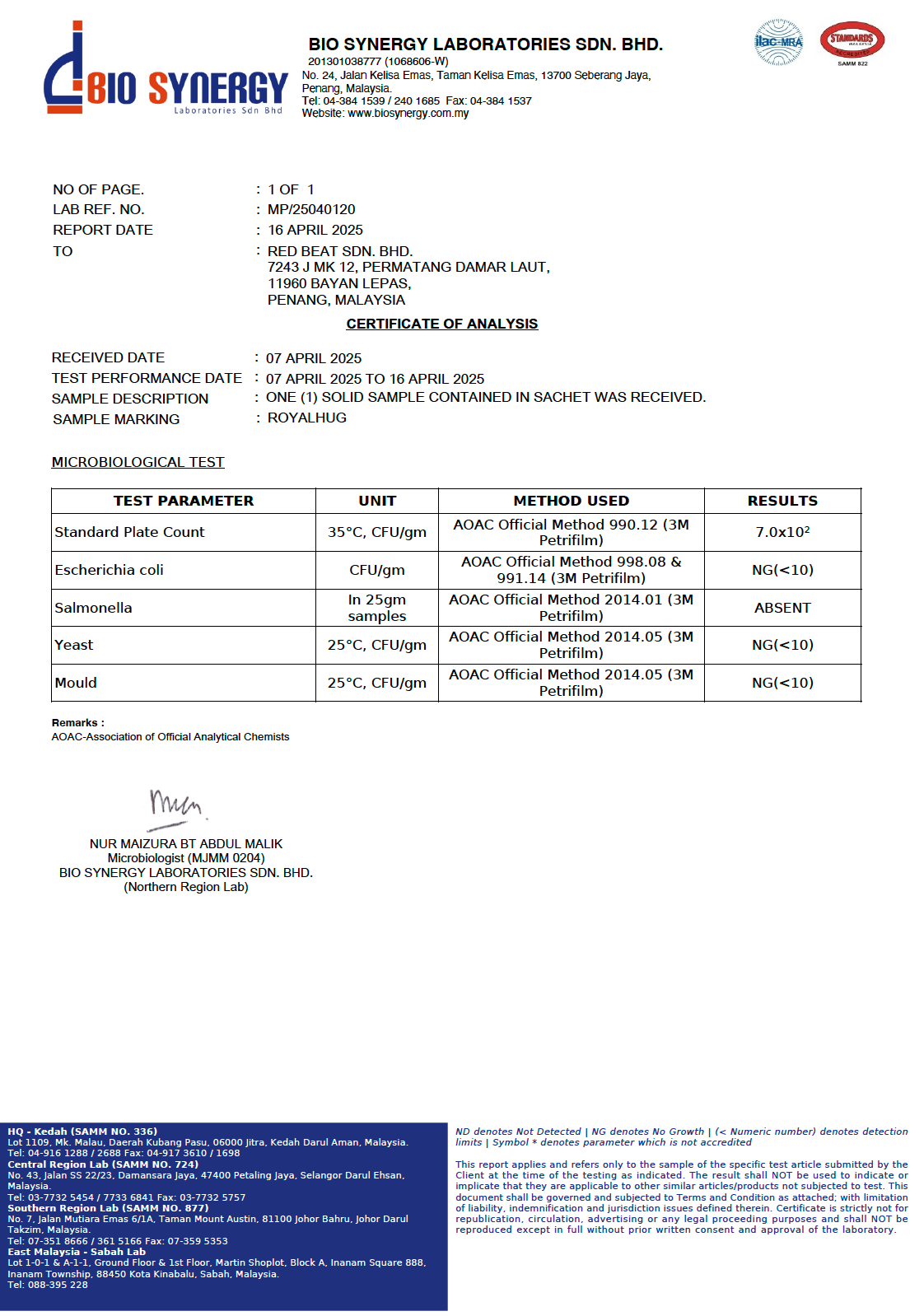 RoyalHugge Malaysia laboratory report for harmful bacteria testing