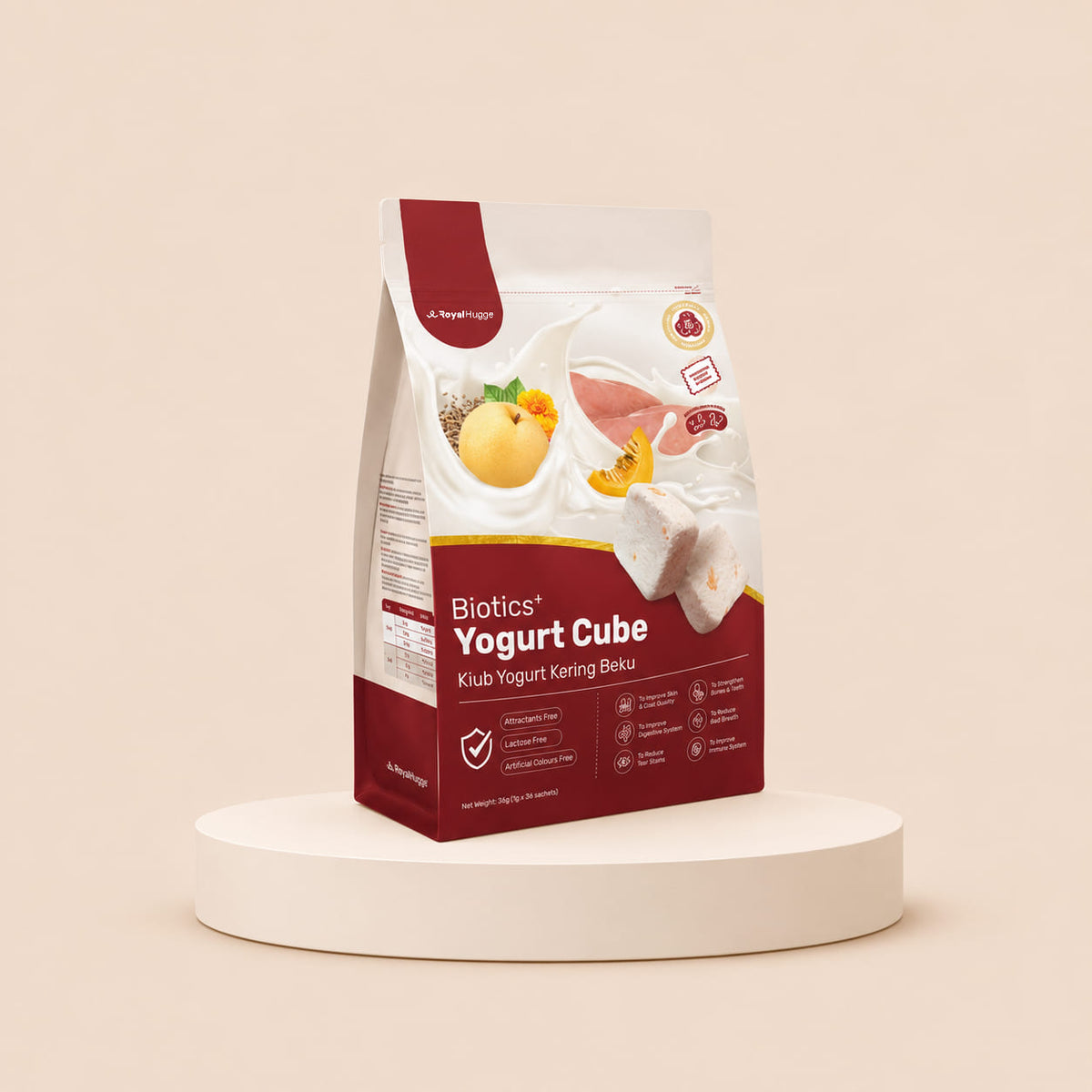 RoyalHugge Biotics+ Yogurt Cube duck pumpkin pear flavour packaging triple biotic