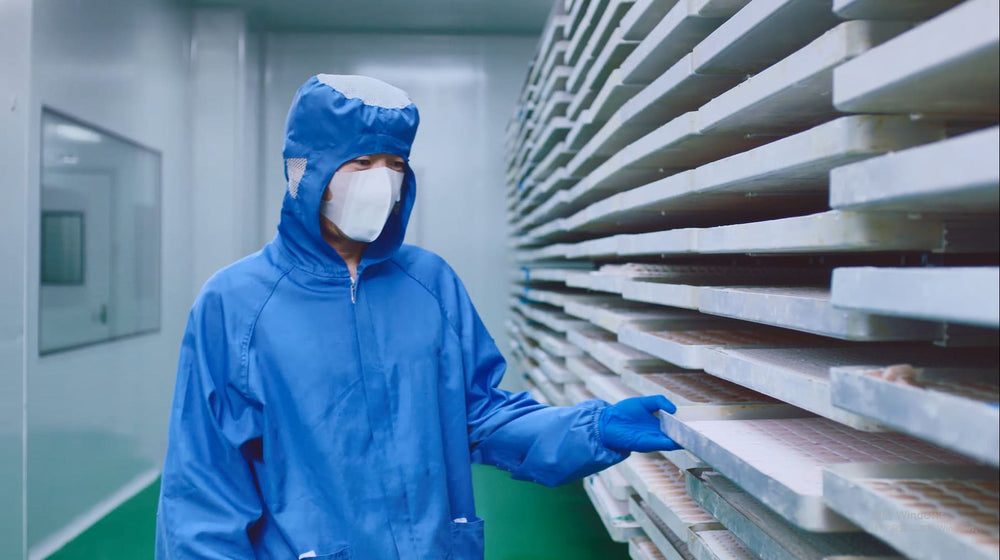 Production worker inspecting drying trays for RoyalHugge products