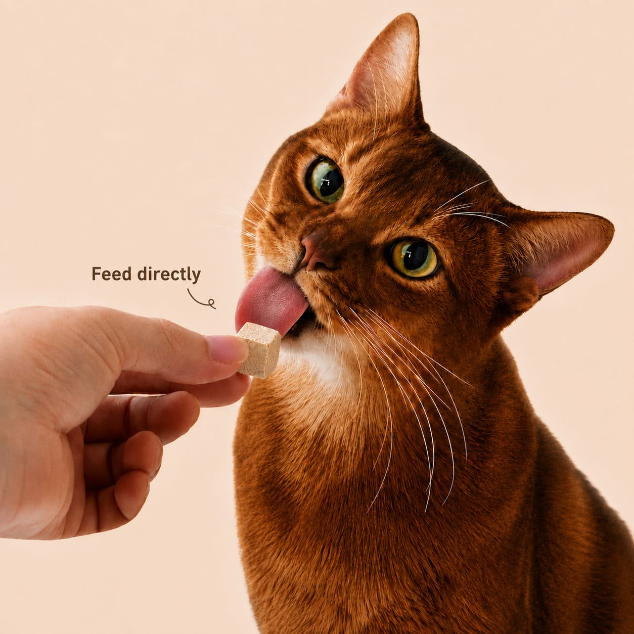 Cat eating a RoyalHugge Whole Cut Meat freeze-dried cube