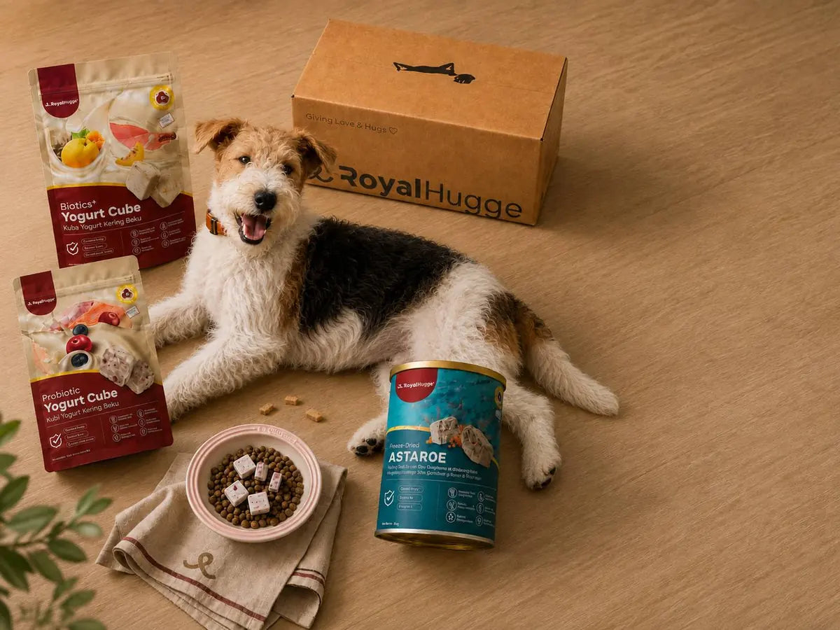 Dog with RoyalHugge Probiotic Yogurt Cube and AstaRoe Complete Meal