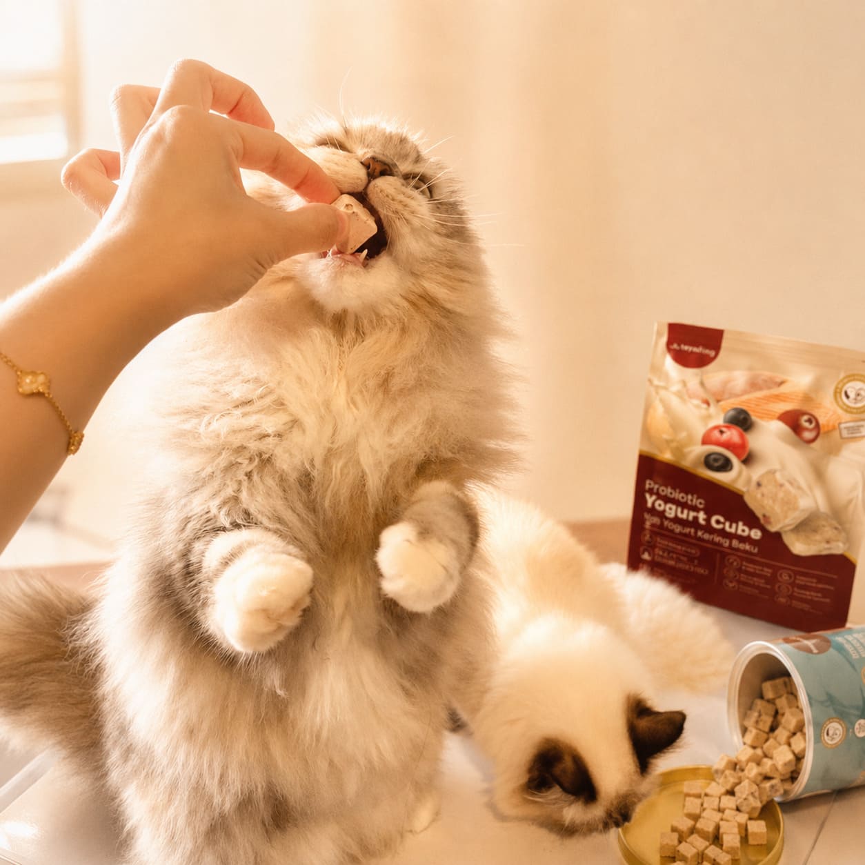 Cats enjoying RoyalHugge Probiotic Yogurt Cube Triple Biotics Yogurt Cube